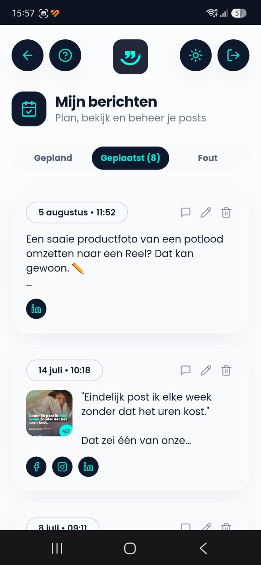 Overzicht geplande en geplaatste berichten in Jouw Social App